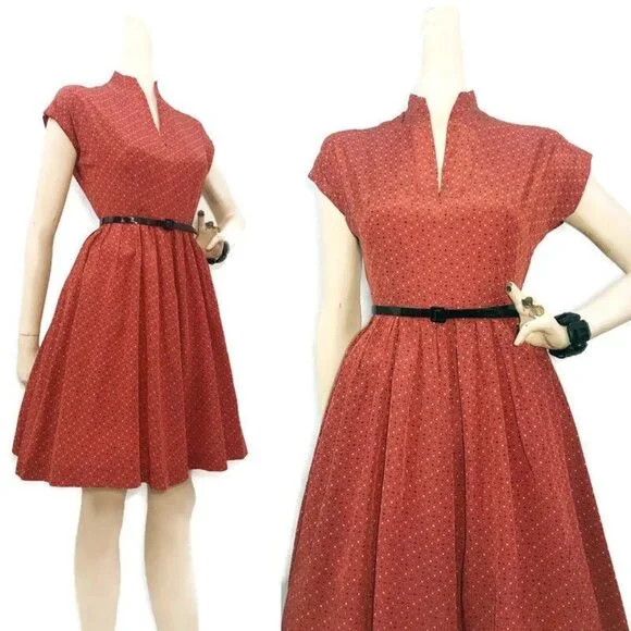 Vintage Dress 1950s 50s Starburst Print Rayon Full Skirt Orange Rockabilly - Picture 3 of 7